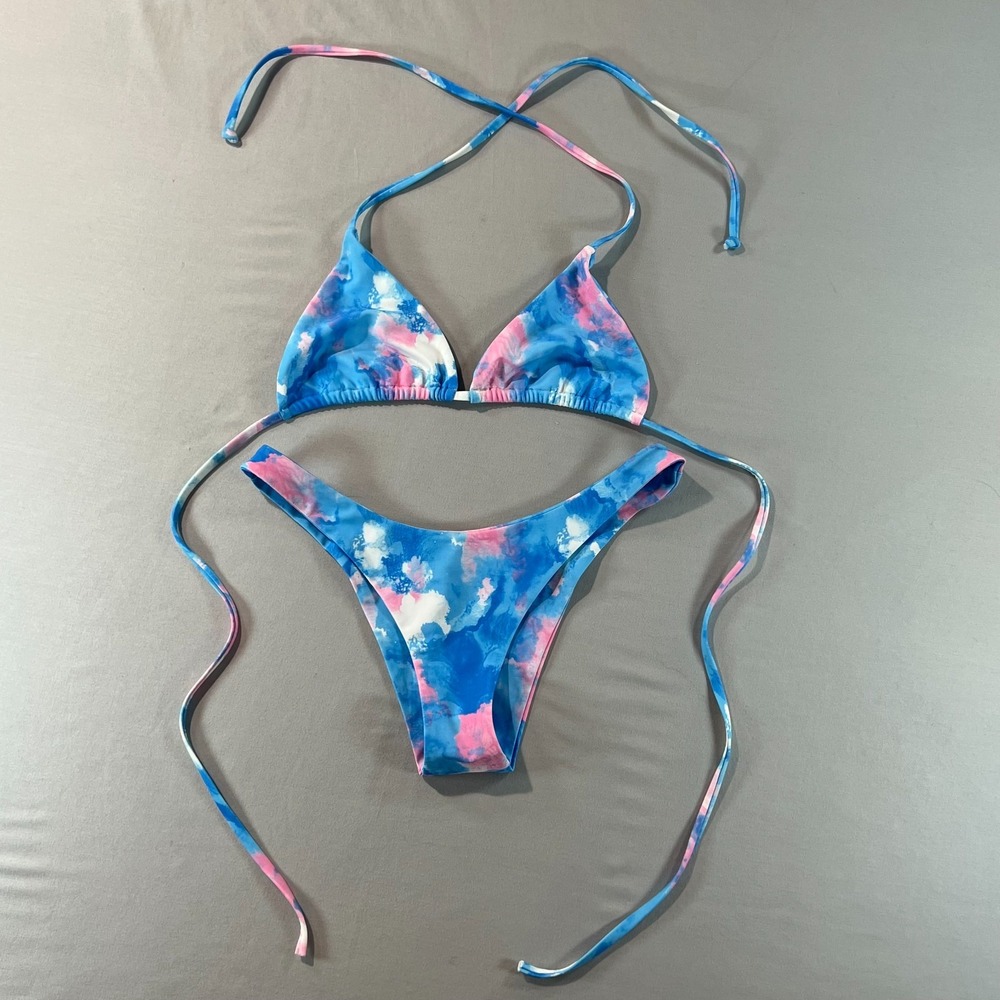 Vaya Island Bikini Set‎ Small Blue Pink Tie-Dye Triangle Top & Bottom Swimwear